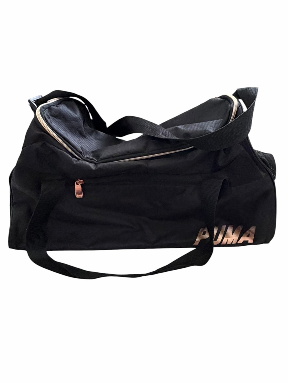 Puma Black & Rose Gold Metallic Gym Sports Duffle Bag Mesh Side Pocket Active